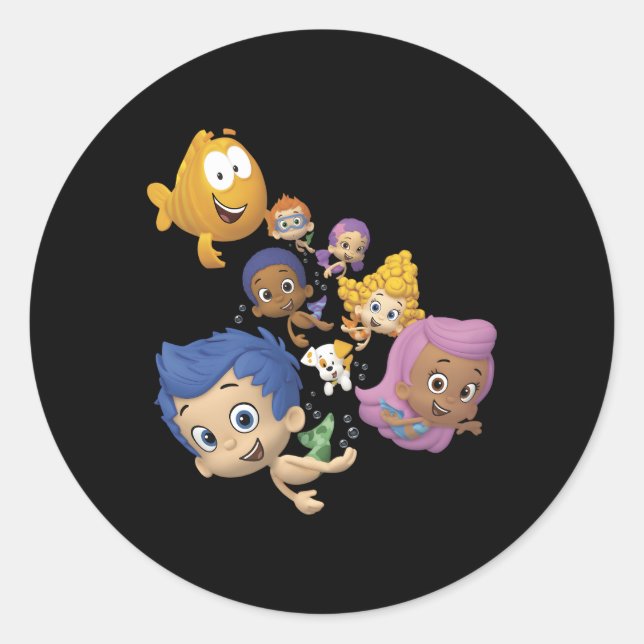 Pegatina Redonda Bubble Guppies Full Cast Swimming Retrato (Anverso)