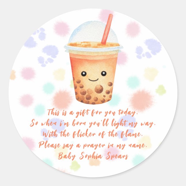 Pegatina Redonda Bubble tea baby shower - Prayer candle label (Anverso)