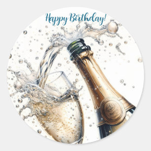 Pegatina Redonda Bubbly champagne Happy Birday