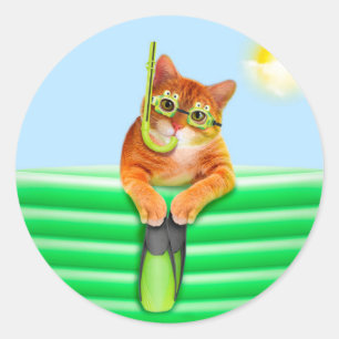 Pegatina Redonda Buceador de gatos con máscara y tubo