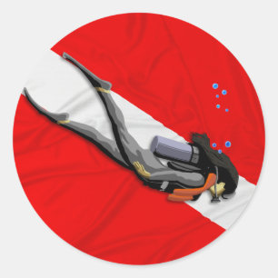 Pegatina Redonda Buceador y bandera arrugada de la zambullida