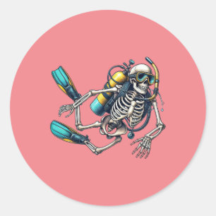 Pegatina Redonda Buceo Scuba Halloween Skeleton Scuba Diver