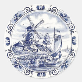 Pegatina Redonda Buceo Vintage Holandés de vela Delft Blue