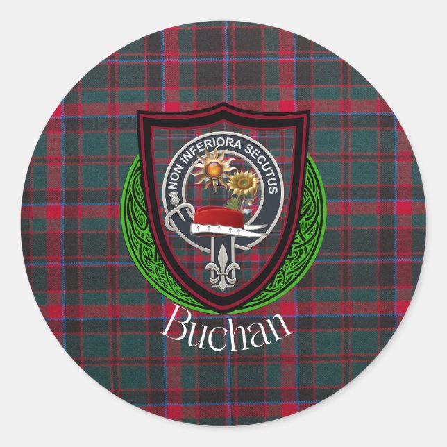Pegatina Redonda Buchan Scottish Clan Tartan & Crest (Anverso)