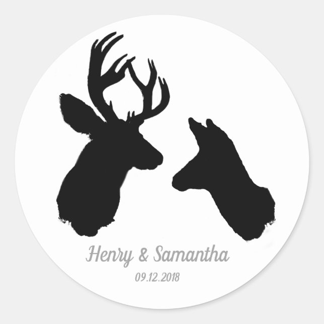 Pegatina Redonda Buck & Doe, fecha Boda (Anverso)