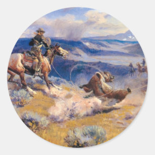 Pegatina Redonda Bucles de Charles M. Russell y caballos Swift (191