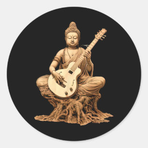 Pegatina Redonda Buda vintage tocando guitarra yoga yogui budista M