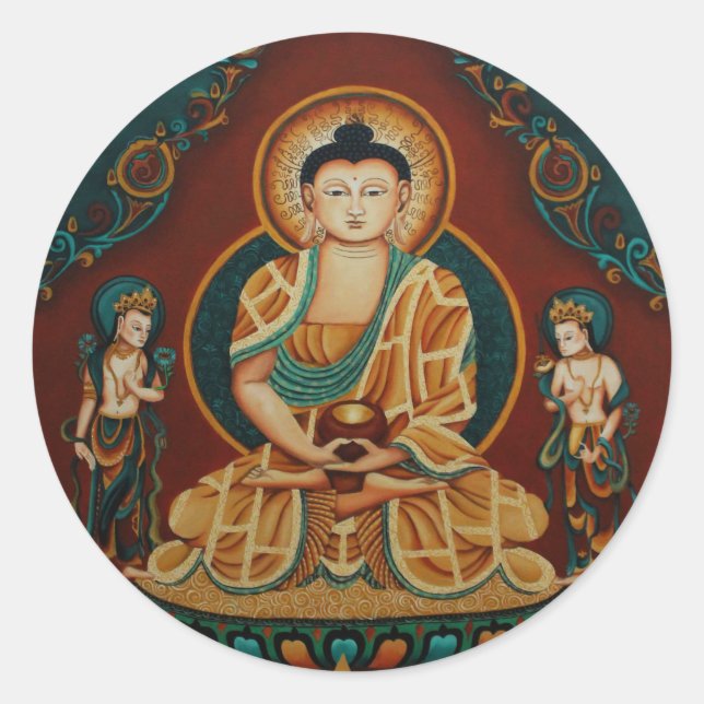 Pegatina Redonda Buddha Amitabha con Bodhisattvas (Anverso)