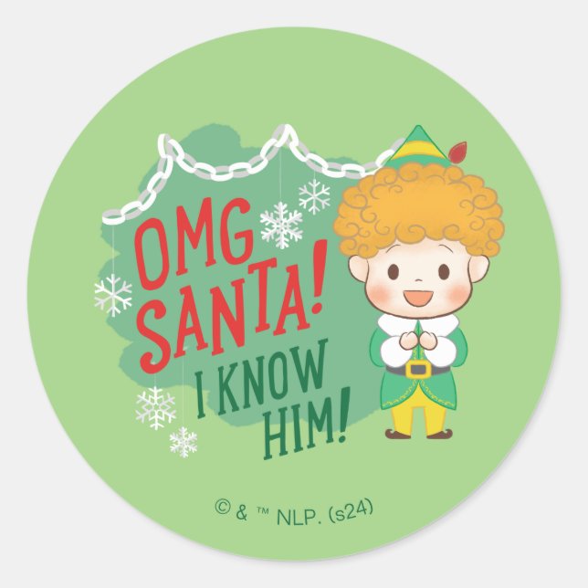 Pegatina Redonda ¡Buddy el Elf Dios mío Santa! ¡Lo Conozco! (Anverso)