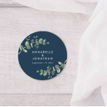 Pegatina Redonda Budget navy blue eucalyptus foliage wedding favor<br><div class="desc">Beautiful delicate eucalyptus foliage wedding favor sticker design. Modern elegant on trend sage green,  black,  navy blue and white stylish contemporary rustic collection. Ideal for spring,  summer,  fall,  autumn or winter weddings.</div>