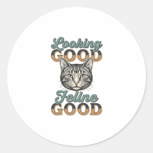 Pegatina Redonda Buen aspecto Felino Bueno Diseño de gato vintage_1