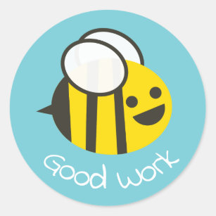 Pegatina Redonda Buen trabajo de la abeja feliz del dibujo animado