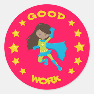 Pegatina Redonda Buen Trabajo Super Heroína Chica Negra Educación E