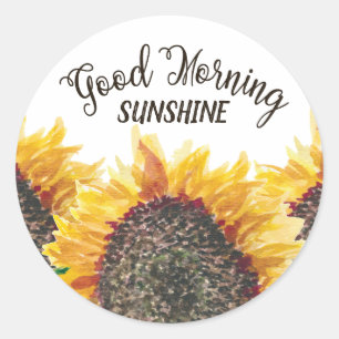 Pegatina Redonda Buenos días girasoles amarillos marrones