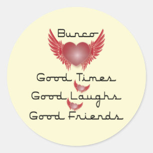 Pegatina Redonda buenos momentos de bunco con corazón y alas
