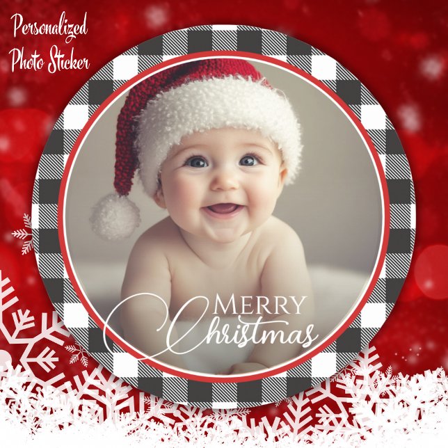 Pegatina Redonda Búfalo blanco y negro con foto navideña (Black & White Buffalo Plaid Merry Christmas Photo Classic Round Sticker)