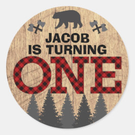 Pegatina Redonda Bufalo de Lumberjack Rústico Jugado Primer Cumplea