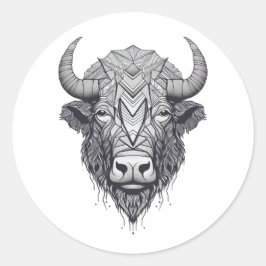 Pegatina Redonda Búfalo de venado coronado retrato negro y blanco