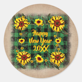 Pegatina Redonda Bufalo Plaid Sunflower Feliz Año Nuevo 20xx