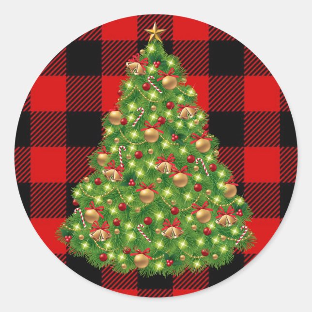 Pegatina Redonda Búfalo Rojo Comprobar Árbol De Navidad (Anverso)