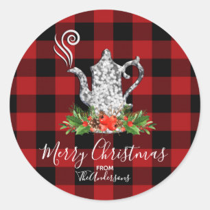 Pegatina Redonda Búfalo Rojo Negro Gingham Plaid Holiday Tea