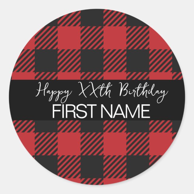 Pegatina Redonda Búfalo Rojo y Negro, fiesta de cumpleaños rústica (Anverso)