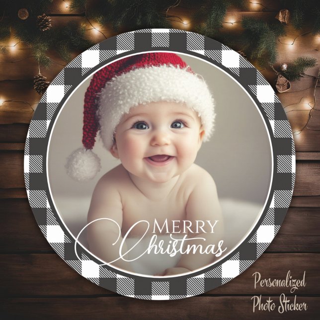 Pegatina Redonda Búfalo rubio representado con una foto navideña (Rustic Buffalo Plaid Merry Christmas Photo Classic Round Sticker)