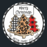 Pegatina Redonda Buffalo personalizado Plaid Gingham Christmas Tree<br><div class="desc">Personalizado con nombre y fecha establecida Deslumbrado de búfalo negro y blanco,  gingham rojo y negro,  leopardo impreso pegatinas de Árboles de Navidad para su fiesta Navidad.</div>