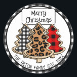 Pegatina Redonda Buffalo personalizado Plaid Gingham Christmas Tree<br><div class="desc">Personalizado con nombre y fecha establecida Deslumbrado de búfalo negro y blanco,  gingham rojo y negro,  leopardo impreso pegatinas de Árboles de Navidad para su fiesta Navidad.</div>