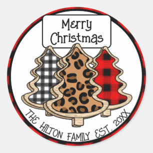 Pegatina Redonda Buffalo personalizado Plaid Gingham Christmas Tree