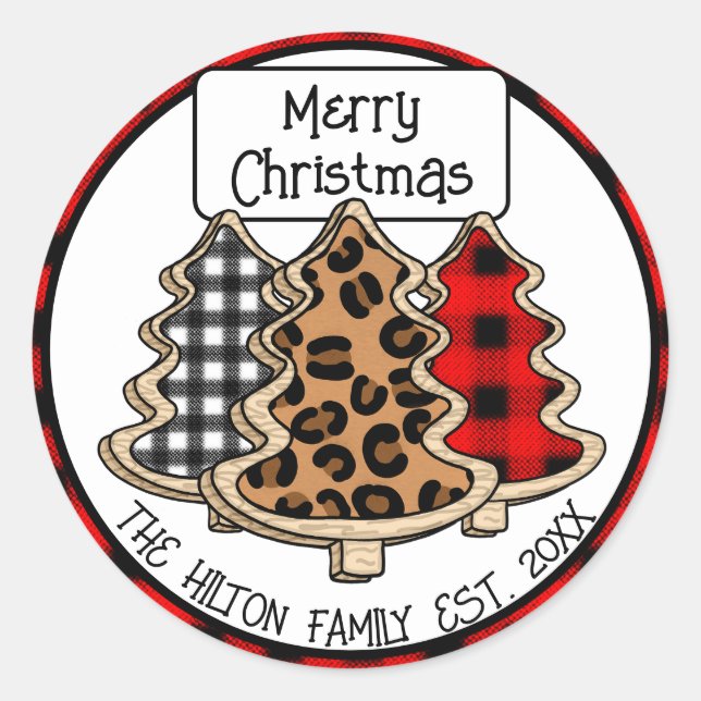 Pegatina Redonda Buffalo personalizado Plaid Gingham Christmas Tree (Anverso)