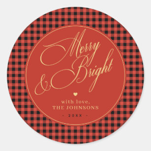 Pegatina Redonda Buffalo Plaid Gingham Red Check Merry y Bright