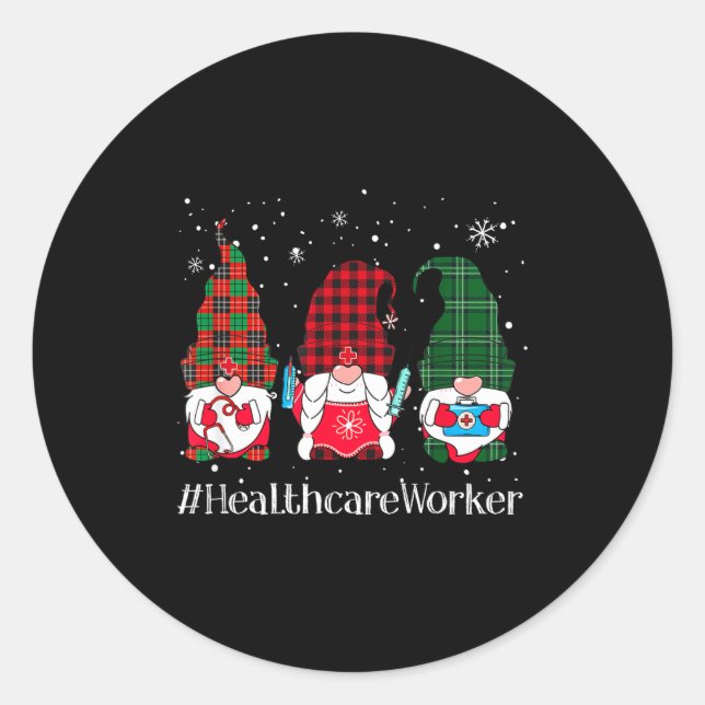 Pegatina Redonda Buffalo Plaid Gnome Healthcare Worker Nurse Christ (Anverso)