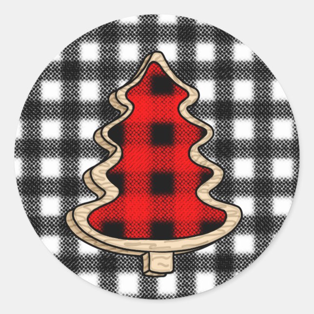 Pegatina Redonda Buffalo Plaid, Red Gingham Christmas Trees (Anverso)