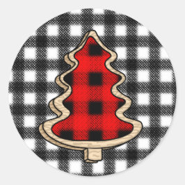 Pegatina Redonda Buffalo Plaid, Red Gingham Christmas Trees
