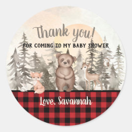 Pegatina Redonda Buffalo Plaid Woodland Baby Shower Gracias
