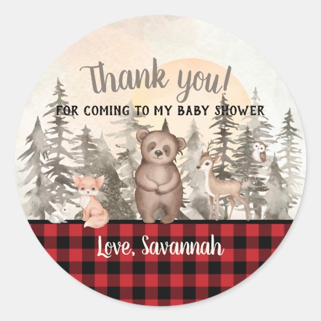 Pegatina Redonda Buffalo Plaid Woodland Baby Shower Gracias (Anverso)