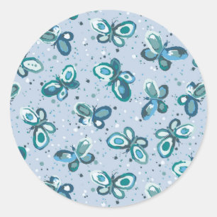 Pegatina Redonda Bugs de Doodle Mariposas - azul - sin costuras.