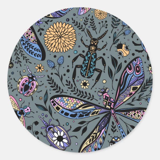 Pegatina Redonda Bugs de garabatos en gris tardío (Anverso)