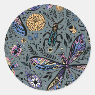 Pegatina Redonda Bugs de garabatos en gris tardío