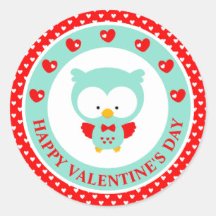 Pegatina Redonda Búho Azul Adorable y Corazones Día de San Valentín