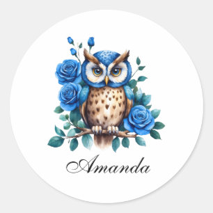 Pegatina Redonda Búho azul de color de agua y Rosas de diseño