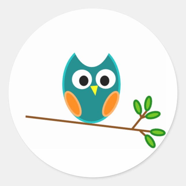 Pegatina Redonda Búho: azul y Naranja (Anverso)