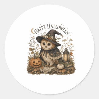 Pegatina Redonda Búho Bruja Feliz Halloween Cottagecore