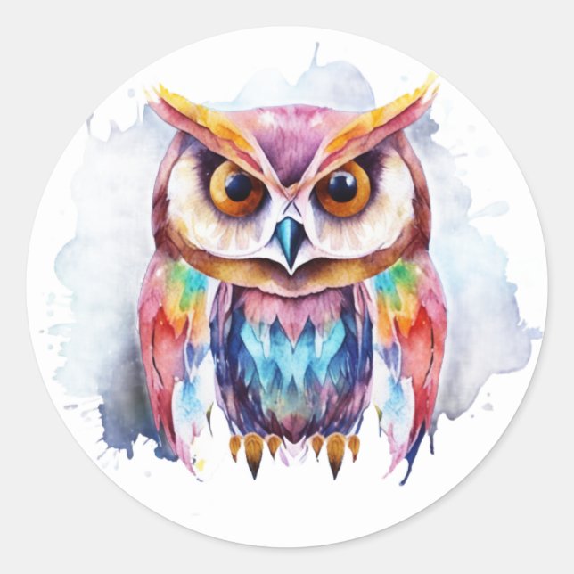 Pegatina Redonda Búho colorido. (Anverso)