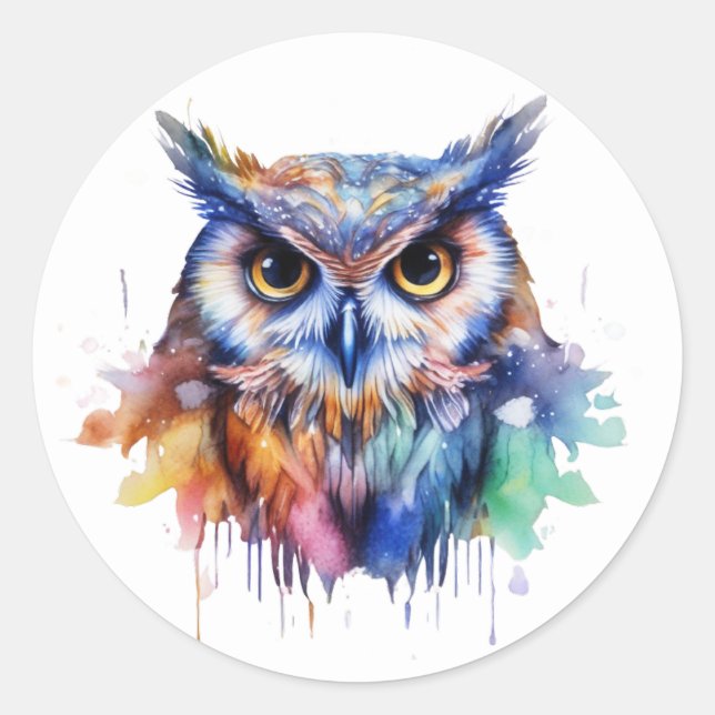 Pegatina Redonda Búho colorido. (Anverso)