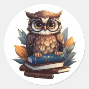 Pegatina Redonda Búho con libros