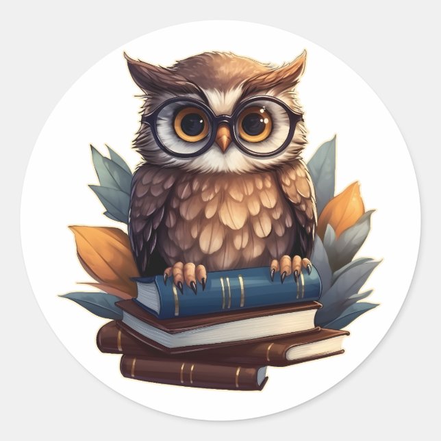 Pegatina Redonda Búho con libros (Anverso)