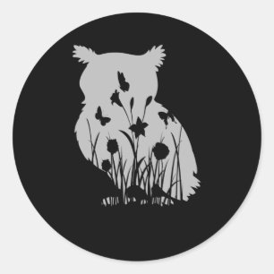 Pegatina Redonda Búho Flor Silhouette Naturaleza Aves para observa