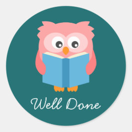 Pegatina Redonda Búho lgaro lectora rosada